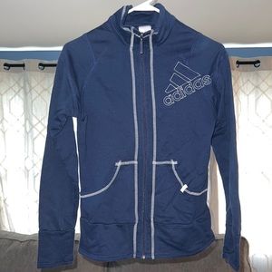 Navy Adidas zip up jacket. Lightly worn, no holes or stains.